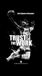 Premium 1080x1920 Instagram Story PNG template featuring a high-contrast ink wash illustration of Shai Gilgeous-Alexander with the basketball and the Impact bold quote 'TRUST THE WORK' inside the official Instagram safe zone margins